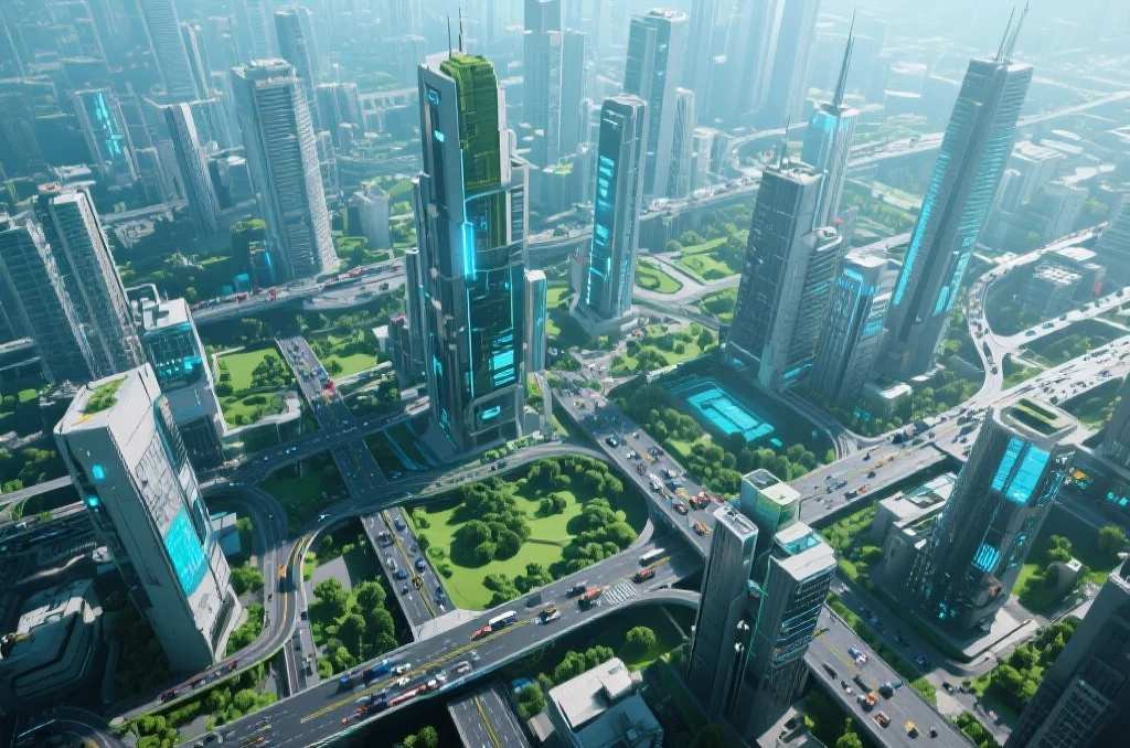 一座未来感十足的虚拟城市鸟瞰图，展示了模拟经营游戏的创造与规划魅力